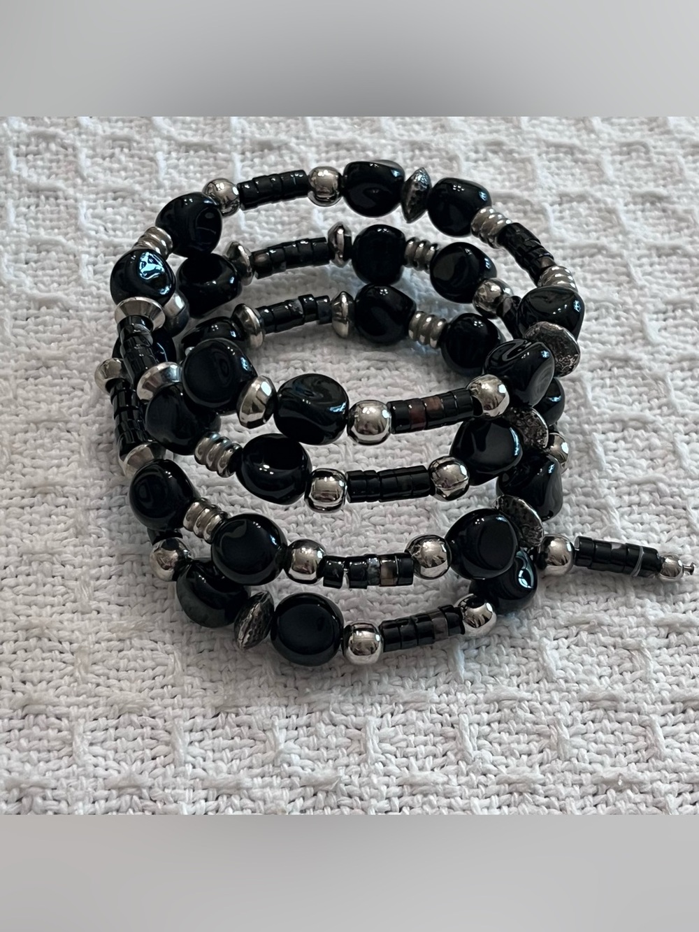 Handmade Black & Silver Bead Wrap Bracelet Onyx Look Unisex